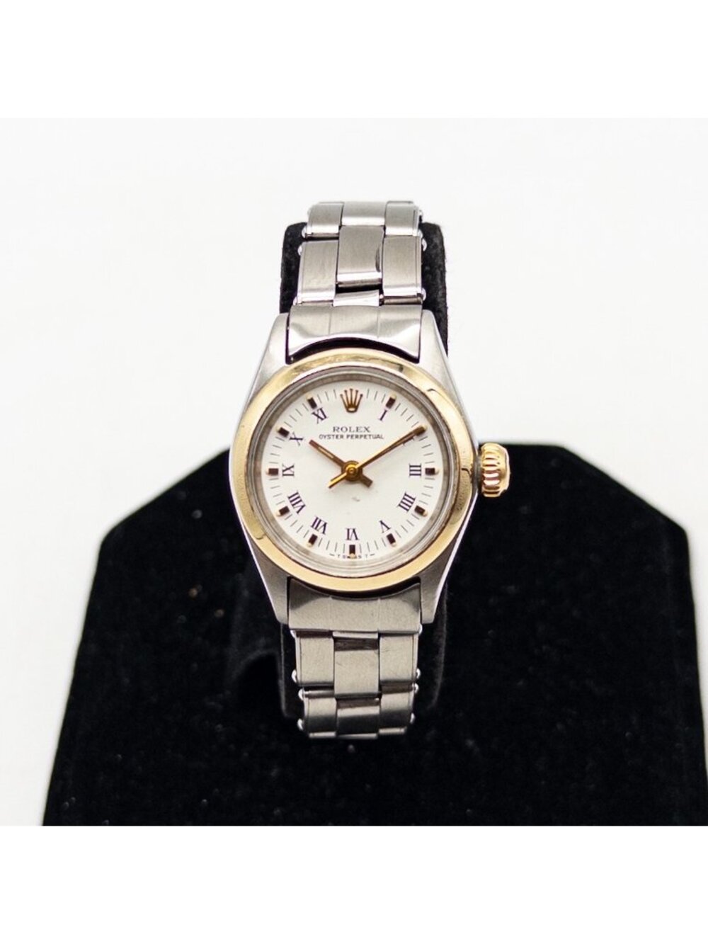 K ROLEX Oyster Perpetual SS WHITE ROMAN Ladies SERVICED Watch in 14k Yellow Gold